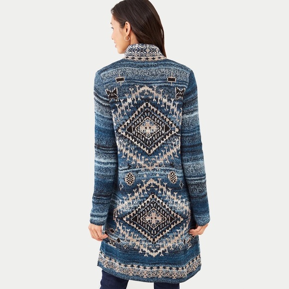 J. Jill Wool Blend Cardigan Duster Sweater SZ LP Chunky Fair Isle Jacquard Blue - Picture 2 of 13
